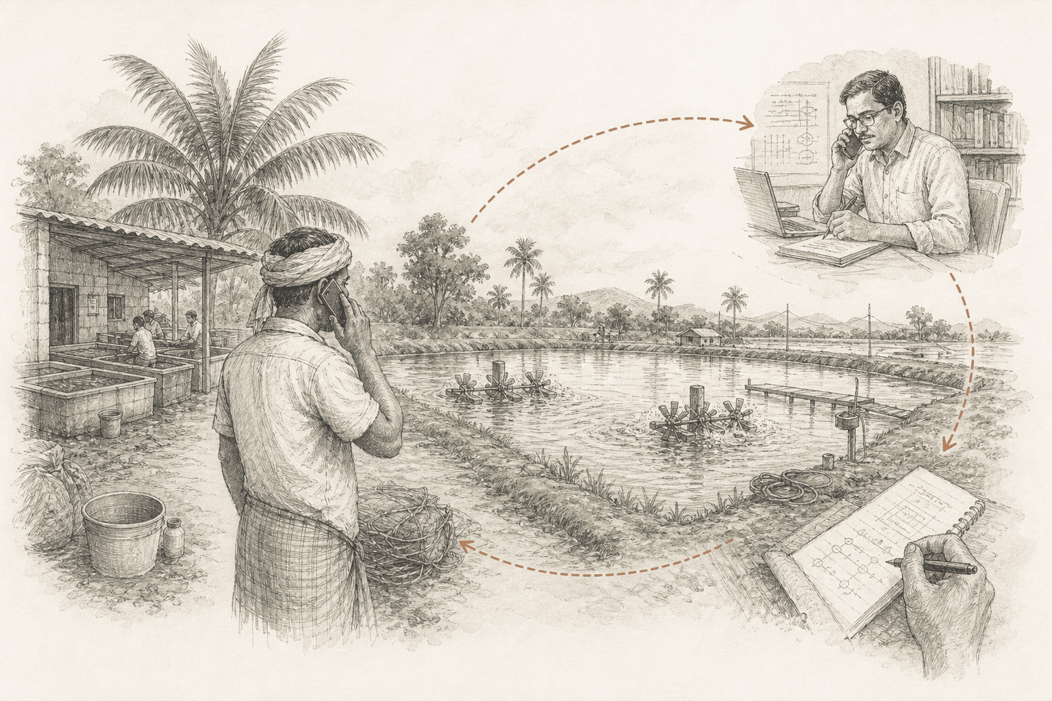 An interpretive ink illustration of a farmer's question moving from an aquaculture pond to an expert and back