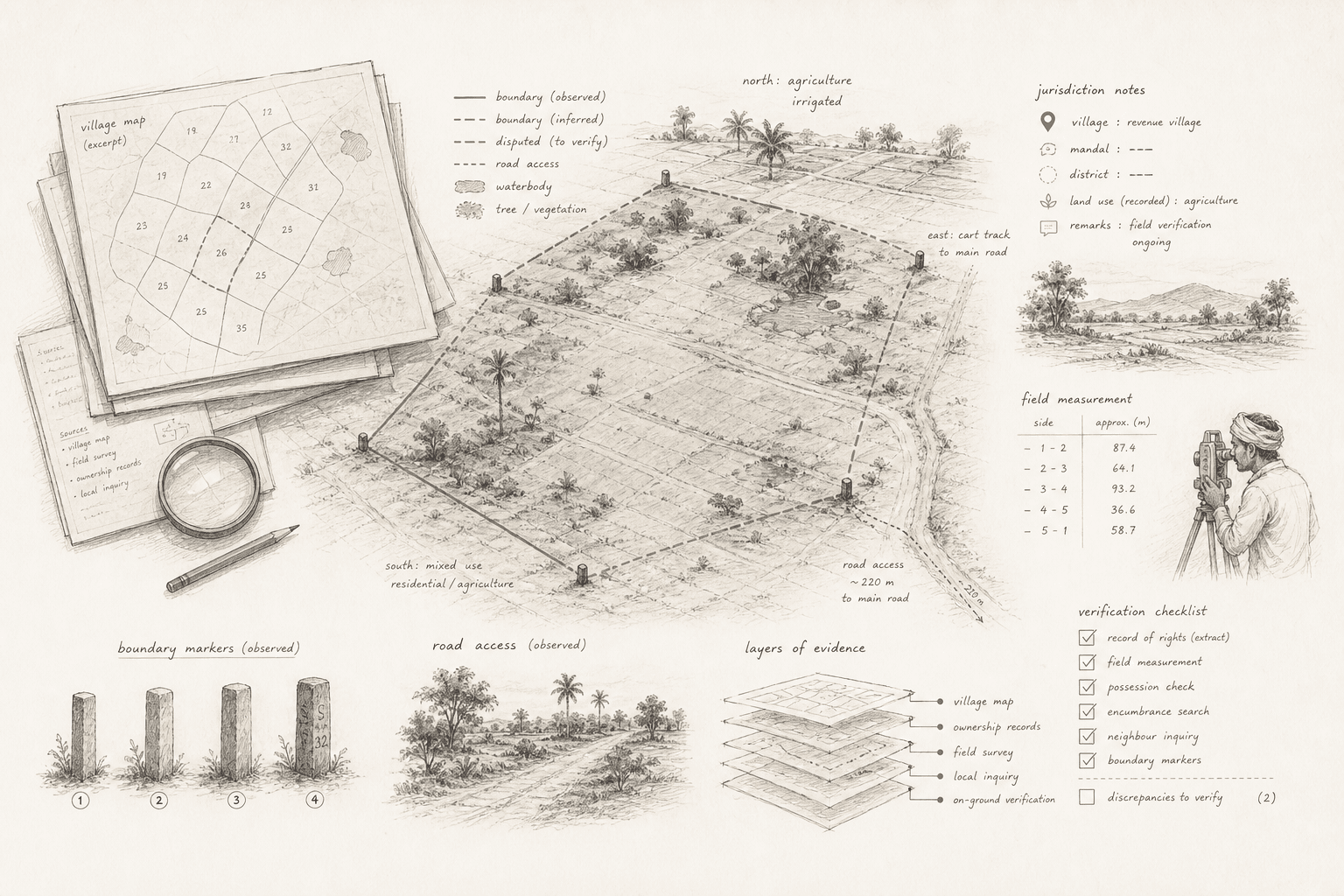 An interpretive ink illustration of land records, survey boundaries, access and field verification