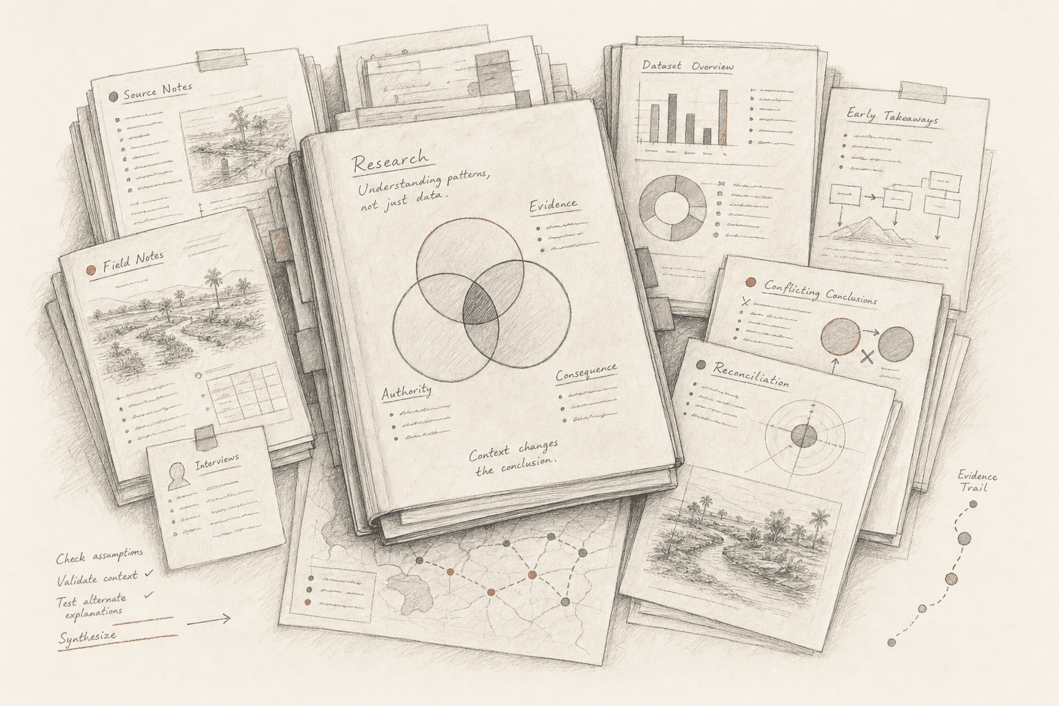 An interpretive ink illustration of source notes, evidence, authority and conflicting conclusions